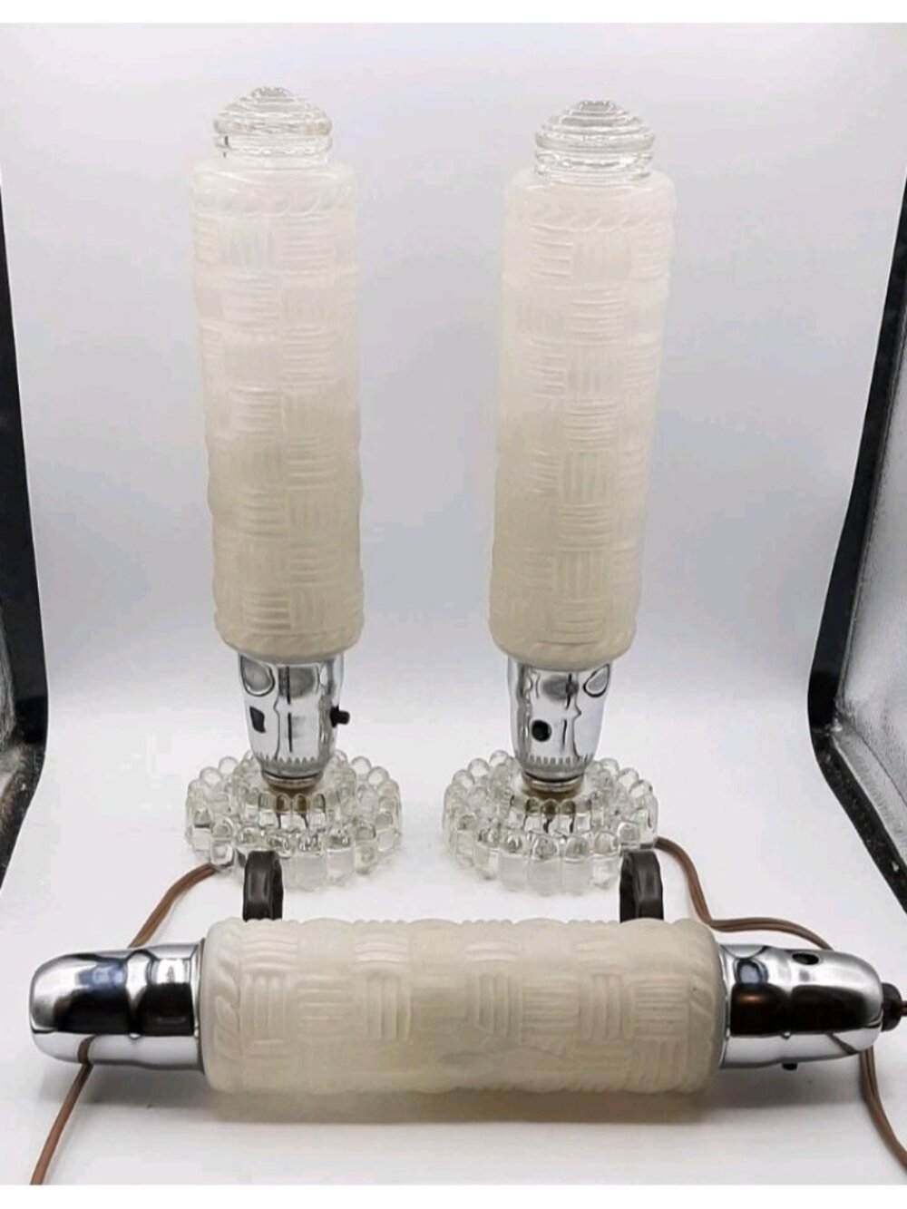 Vintage Art Deco Frosted Glass Torpedo Skyscrapper Lamps 40s Set of Three Lamps